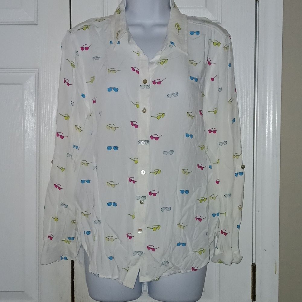 Jane and Delancey white multicolor sunglass print button down blouse Sz L